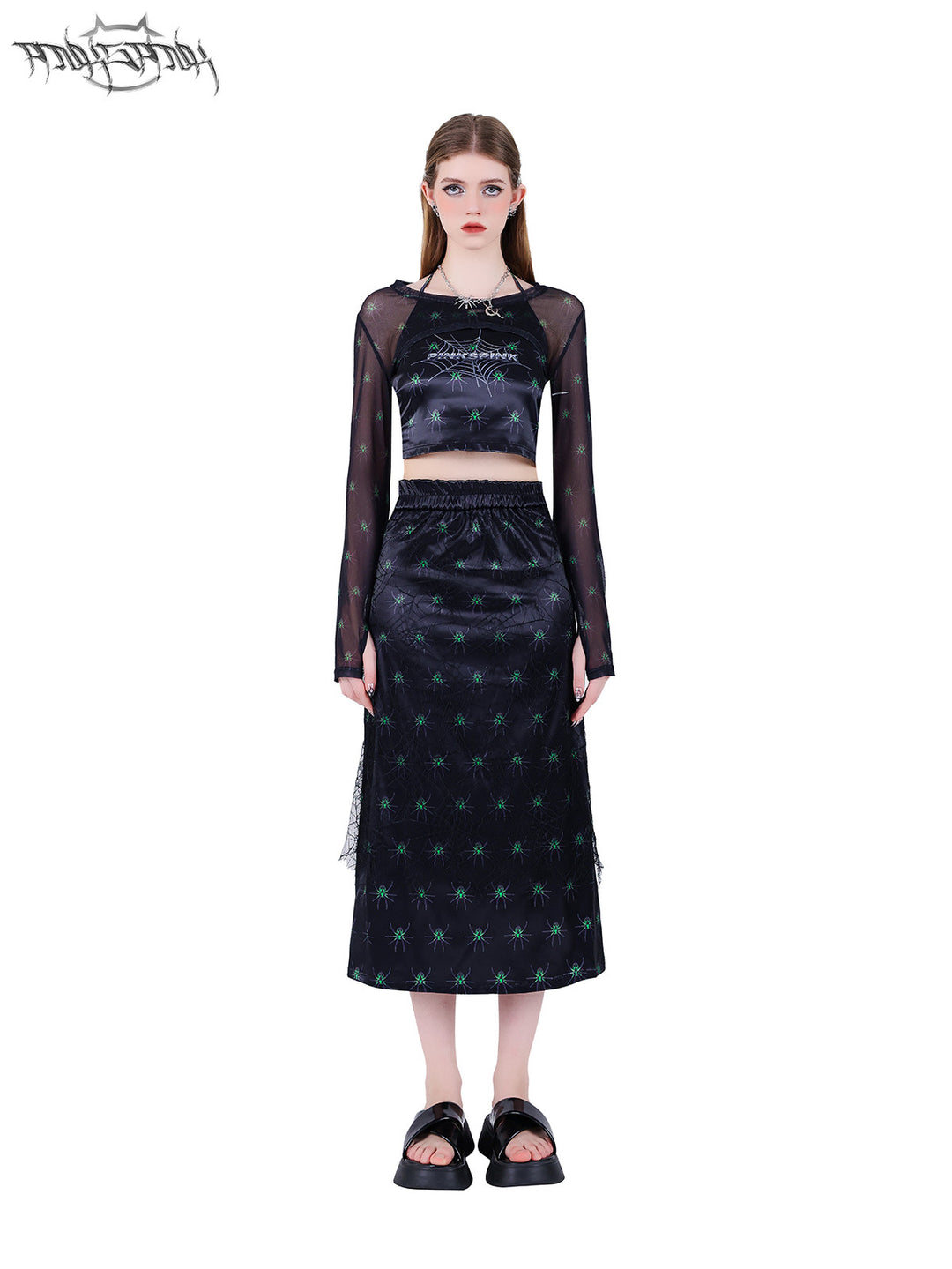 PINKSPINK SPIDER web-mesh long-sleeve shrug — front full-length modeled view styled with the matching skirt
