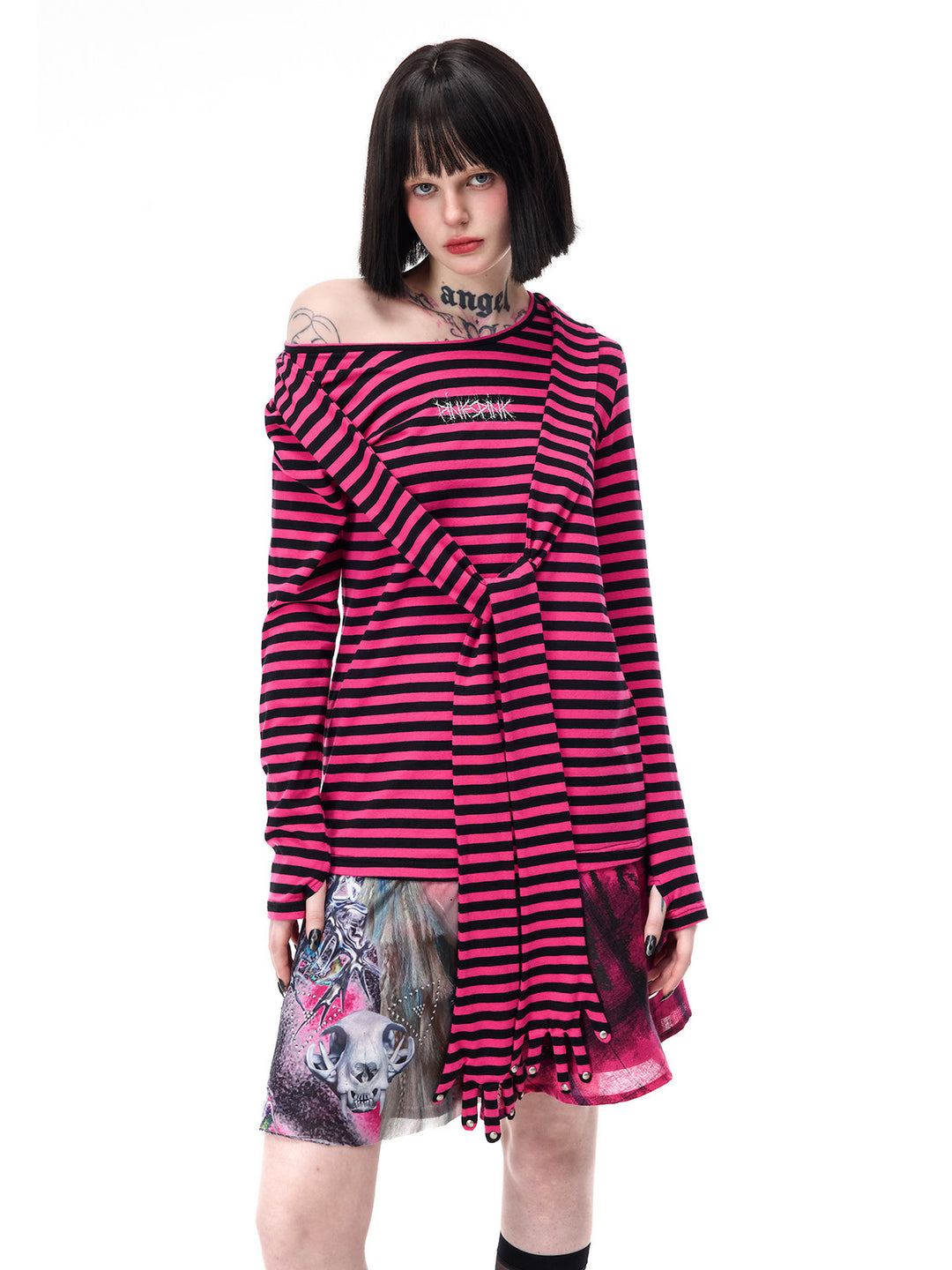 PINKSPINK GHOSTHAND striped glove-sleeve tee in pink and black — close front modeled view with the hand-shaped panels knotted across the body, repeated in the hero collage