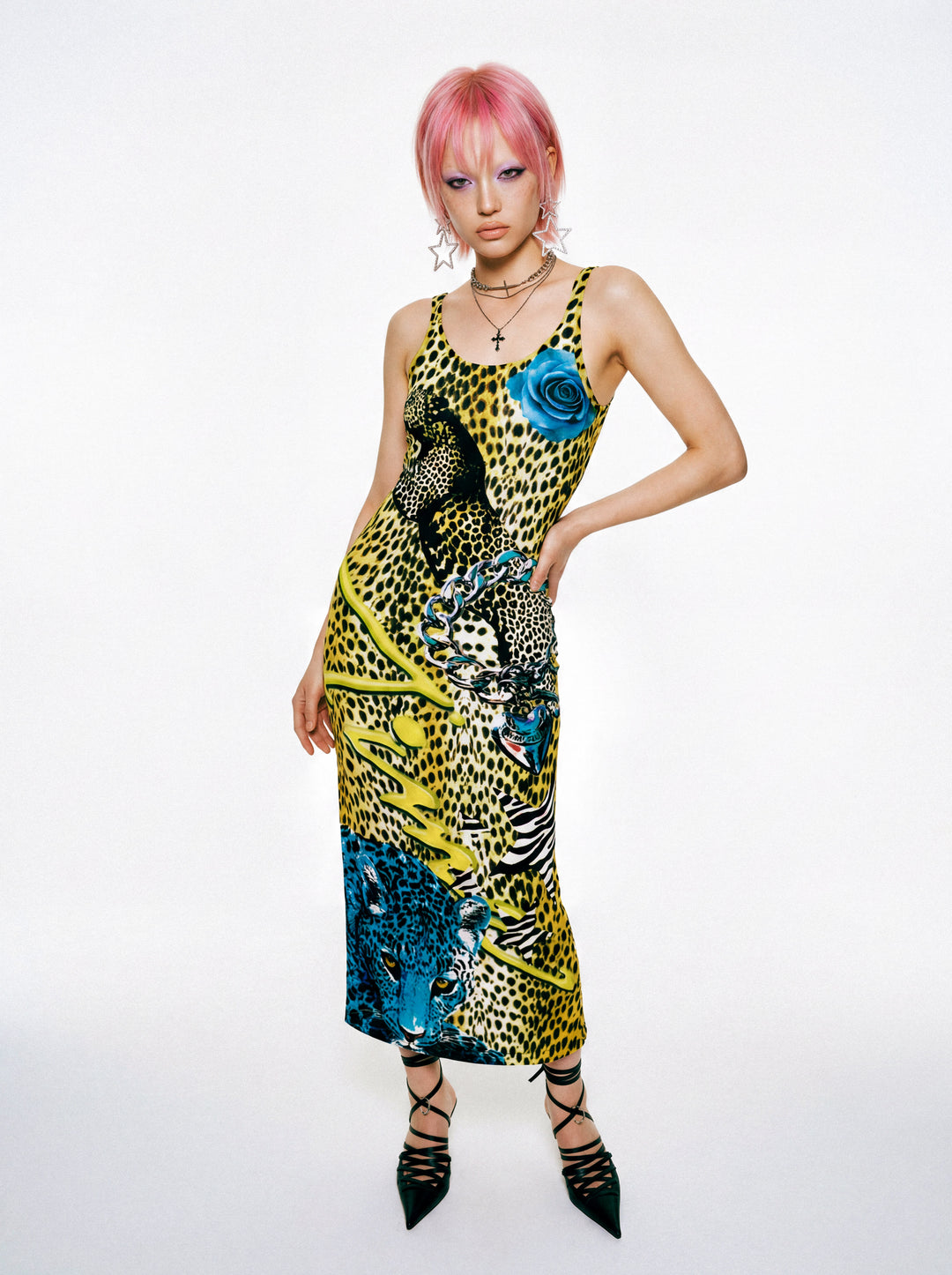 DEADENDKIDS LEOPARD ROSE fitted tank maxi dress — construction detail