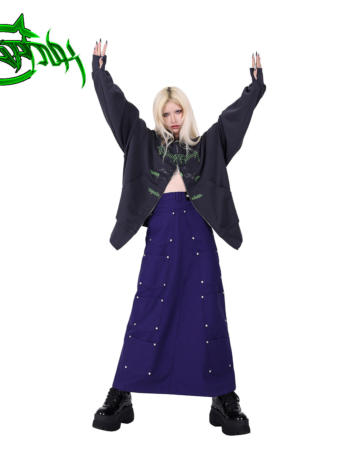 PINKSPINK DNA circle-star balaclava zip hoodie — front modeled view with arms raised and the lower zipper open