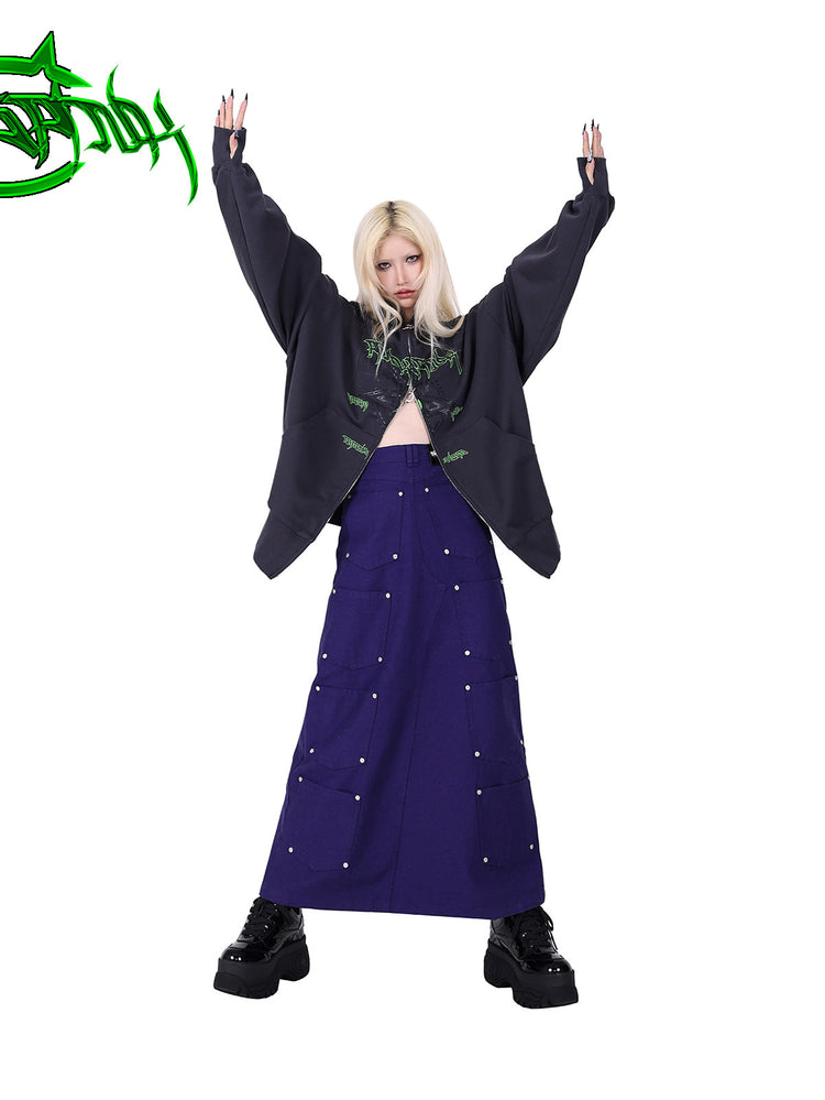 PINKSPINK DNA circle-star balaclava zip hoodie — front modeled view with arms raised and the lower zipper open