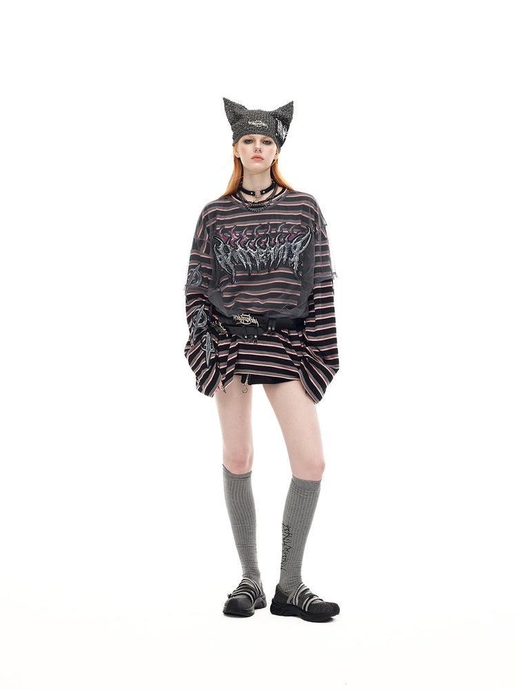 PINKSPINK ELECTRIC MOON striped mesh-overlay two-piece tee in black pink — front full-length modeled view with a cat-ear hat