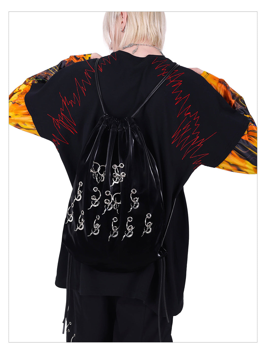 PINKSPINK FIRE CAT layered-sleeve graphic tee — alternate modeled styling view