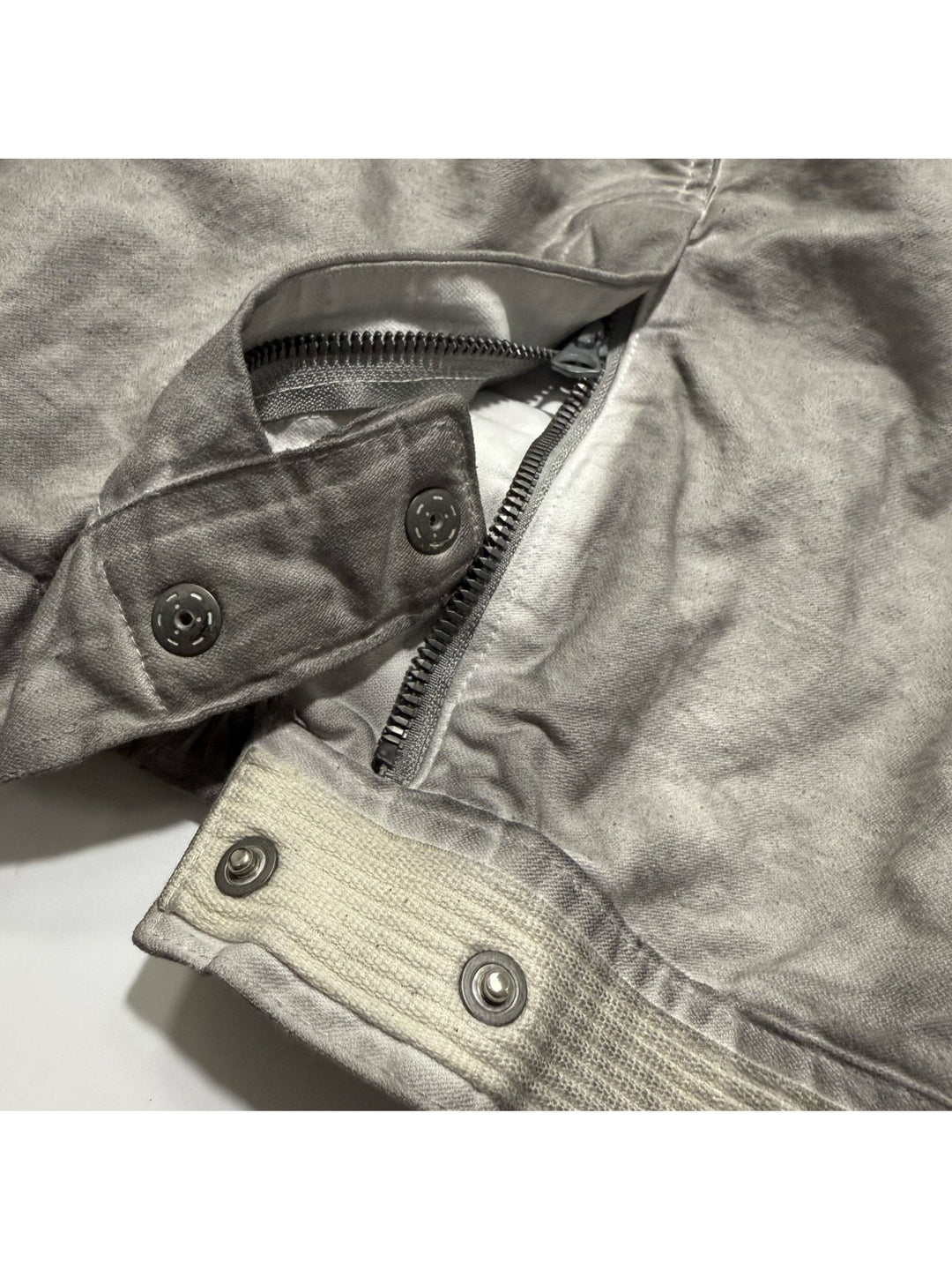 PIONEER meteor gray knee-mesh utility work pants — zip fly and double-snap waist fastening close-up