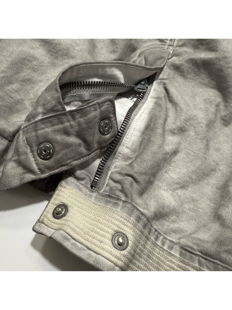 PIONEER meteor gray knee-mesh utility work pants — zip fly and double-snap waist fastening close-up