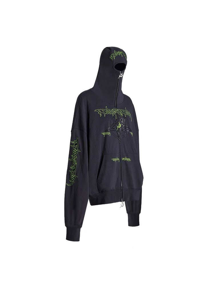 PINKSPINK DNA circle-star balaclava zip hoodie — front garment-only view showing the integrated face-covering hood