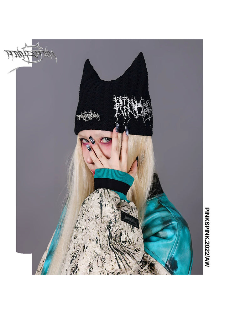 PINKSPINK SPHYNX thorn-embroidered cat-ear beanie — cleaned hero collage showing the complete design