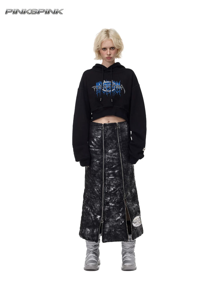 PINKSPINK ELECTRIC MOON metallic double-zip maxi skirt — black silver front view styled with a cropped hoodie