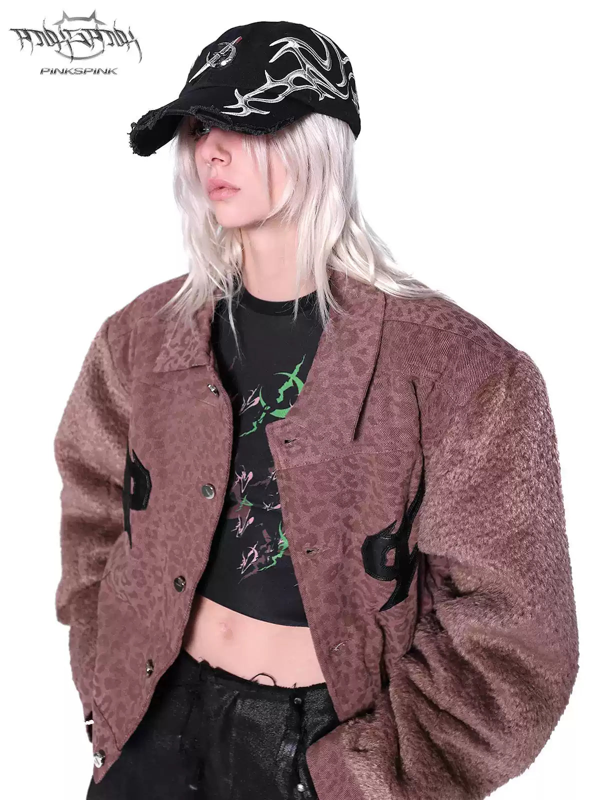PINKSPINK ELECTRIC MOON black-red racing cap — alternate modeled view showing the silhouette