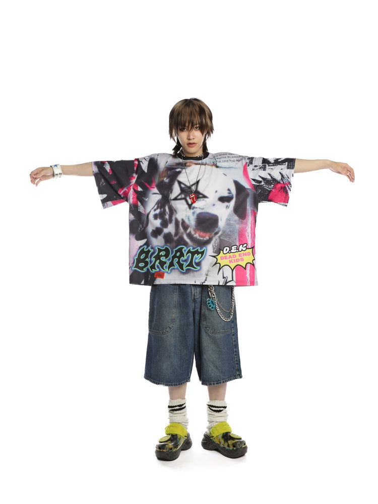 DEADENDKIDS BEAST RIOT oversized graphic tee — close modeled view