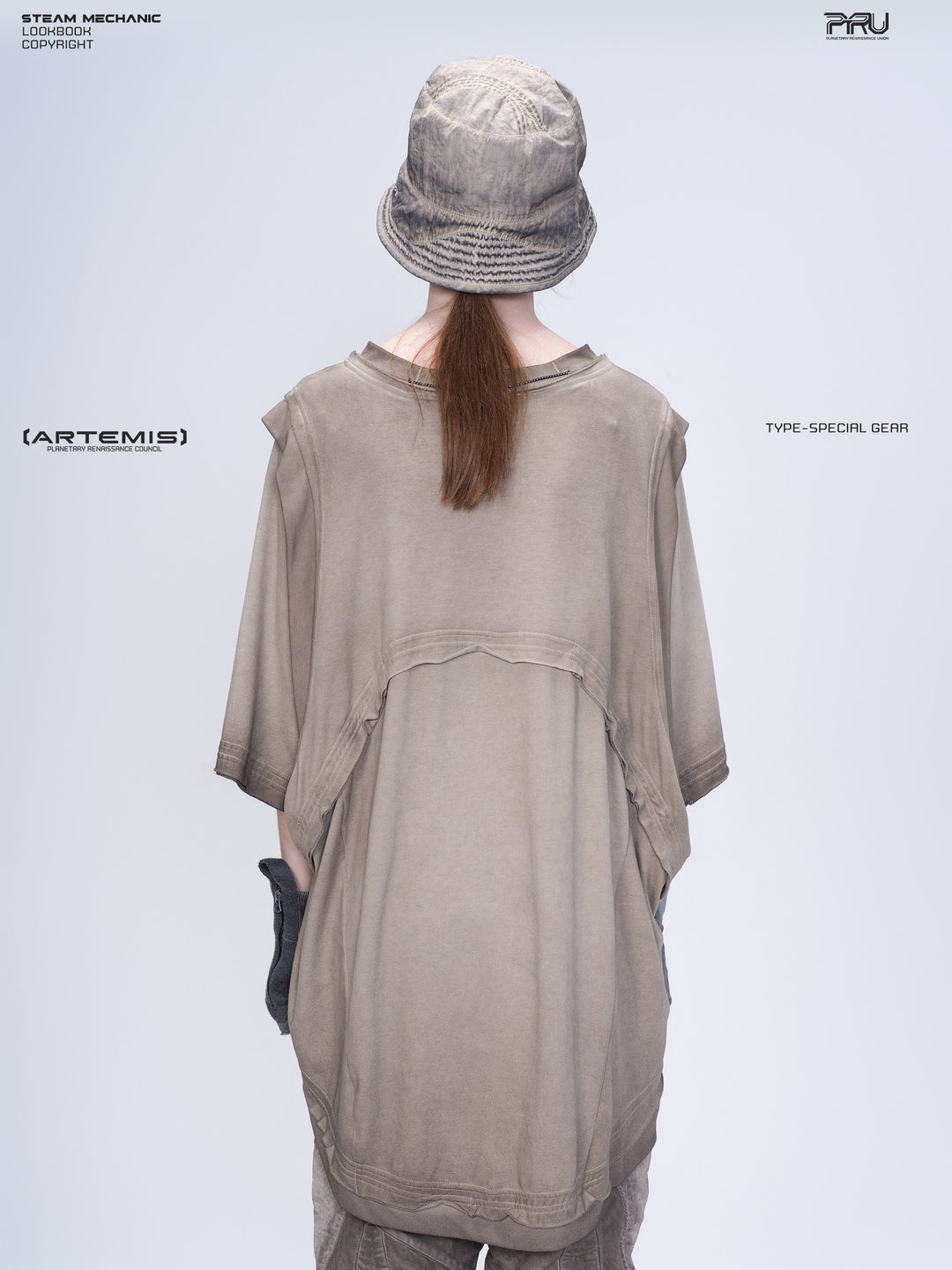 SUPERNOVA mercury brown convertible drawstring technical tee — modeled back view showing the curved convertible panel