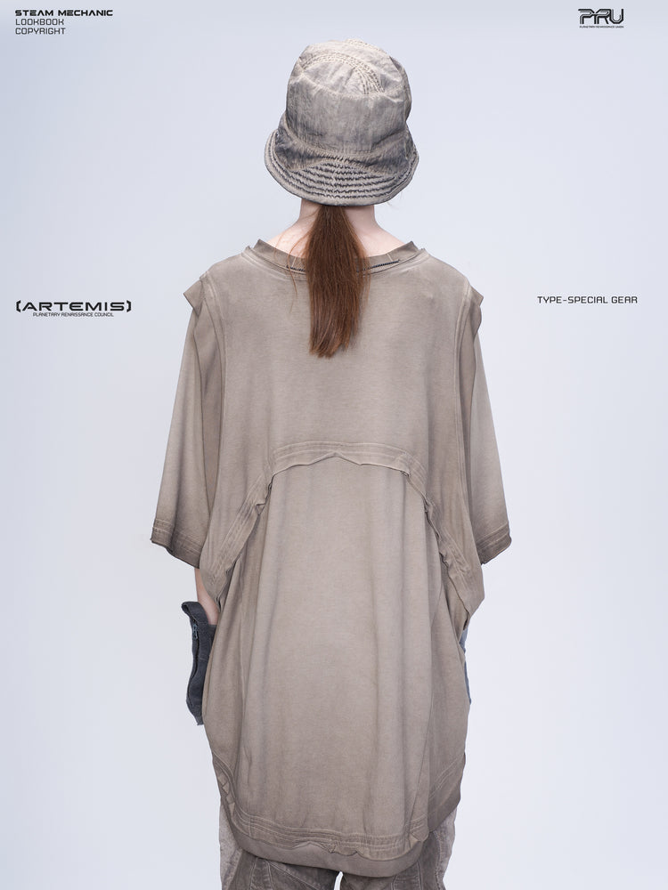 SUPERNOVA mercury brown convertible drawstring technical tee — modeled back view showing the curved convertible panel