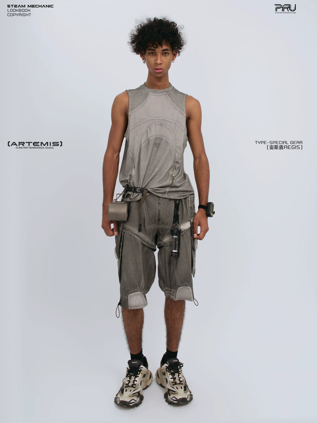 AEGIS lunar sea gray distressed mesh tank — front modeled product view