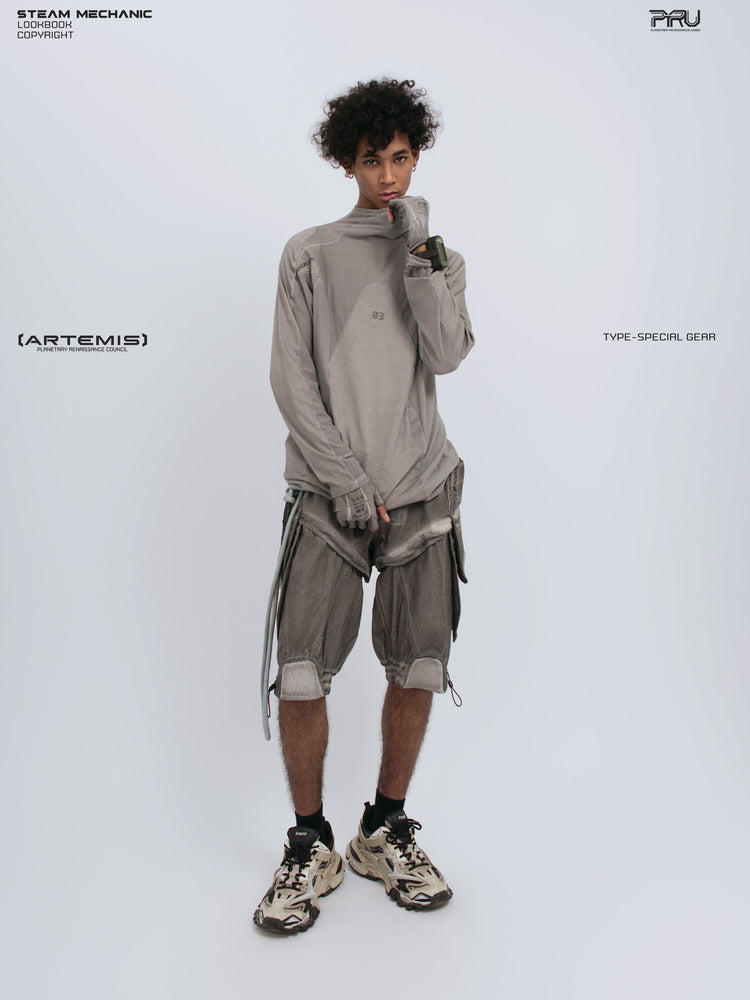 STARCORE mesh-panel long-sleeve top in dusk cloud gray — full-length front modeled view with collar lifted
