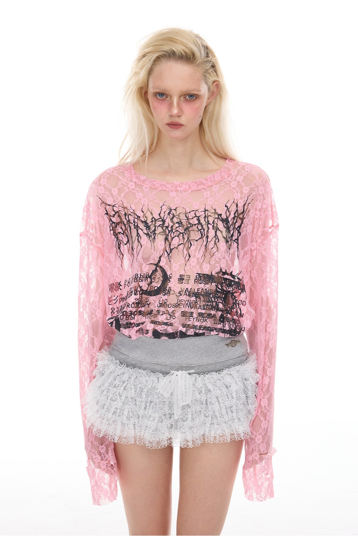 PINKSPINK ELECTRIC MOON thorn-cat distressed lace layering tee — full-length modeled styling view