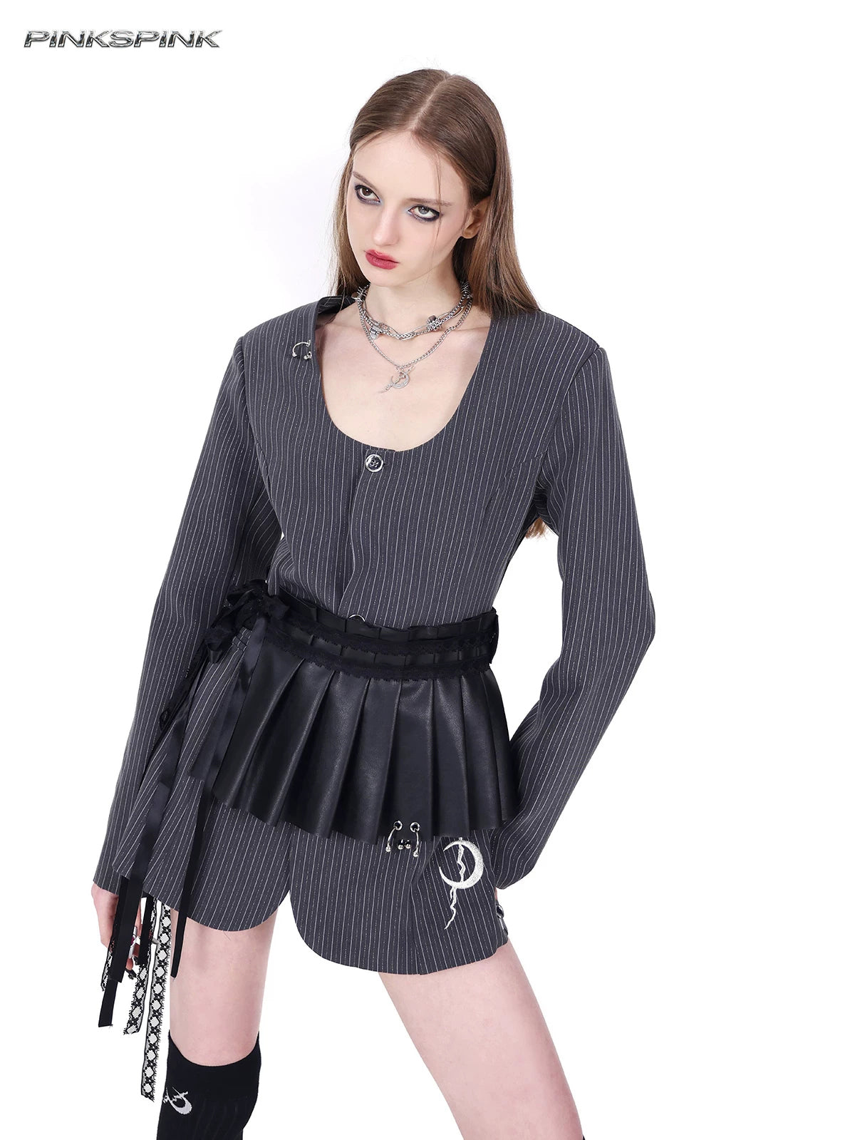 PINKSPINK ELECTRIC MOON pinstripe ring-detail blazer dress in gray pinstripe — close front modeled view with a black pleated waist accessory