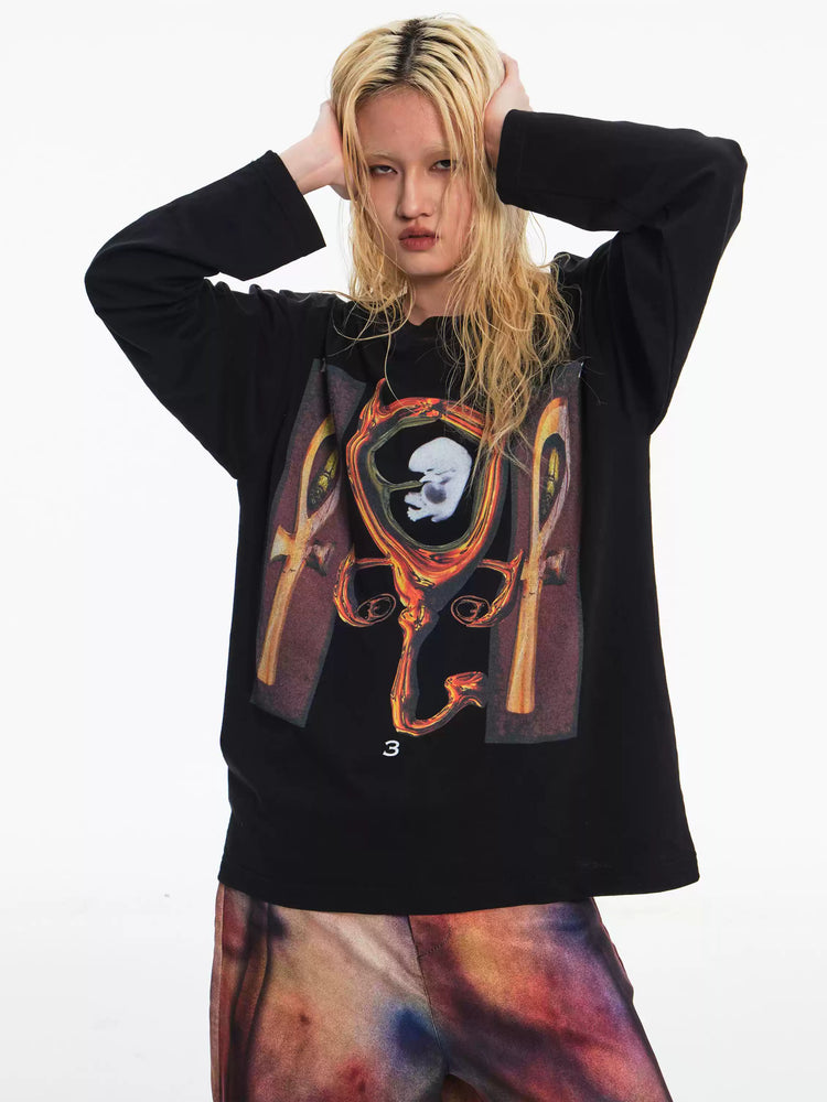EMBRYO CAVERN CROSS graphic long-sleeve tee — rear or construction presentation