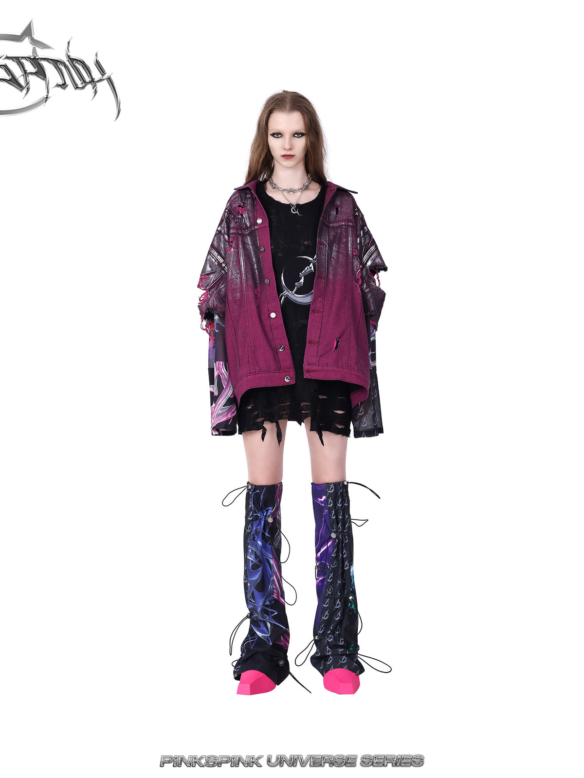 PINKSPINK silver-coated distressed denim jacket in WASTELAND PINK — front full-body view styled over a black top and shorts.