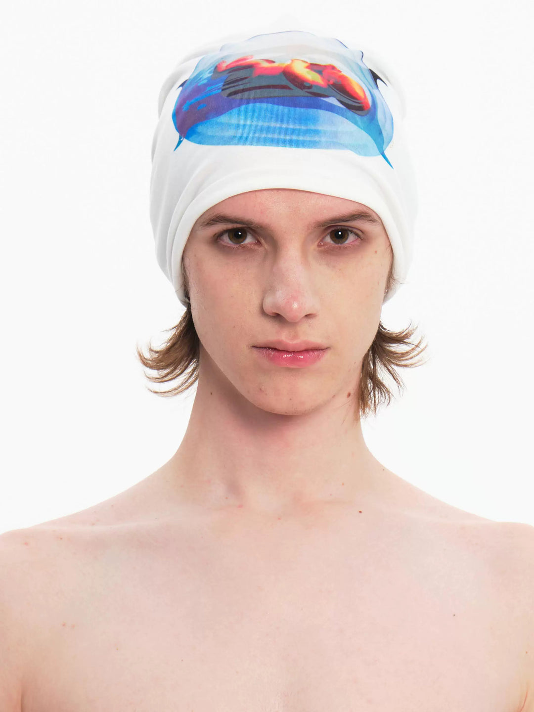 EMBRYO PLAN white graphic slouch beanie — front product presentation