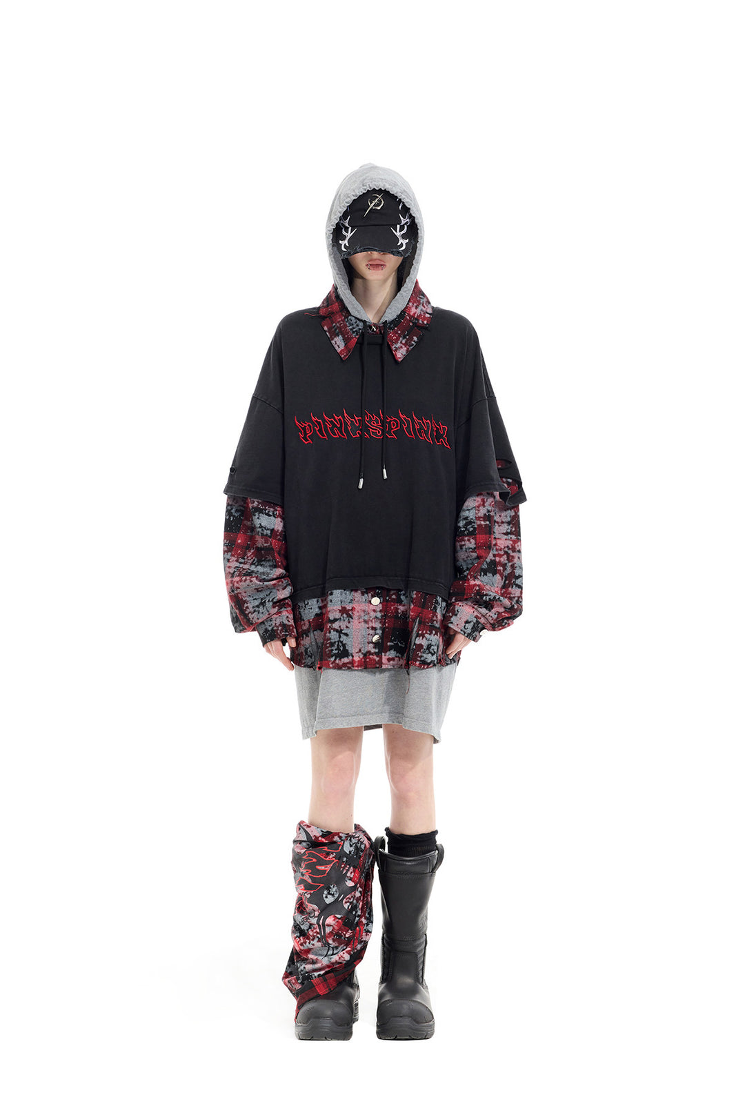 PINKSPINK REMAKE triple-layer plaid hoodie — black and red plaid hoodie — straight front view with hood up
