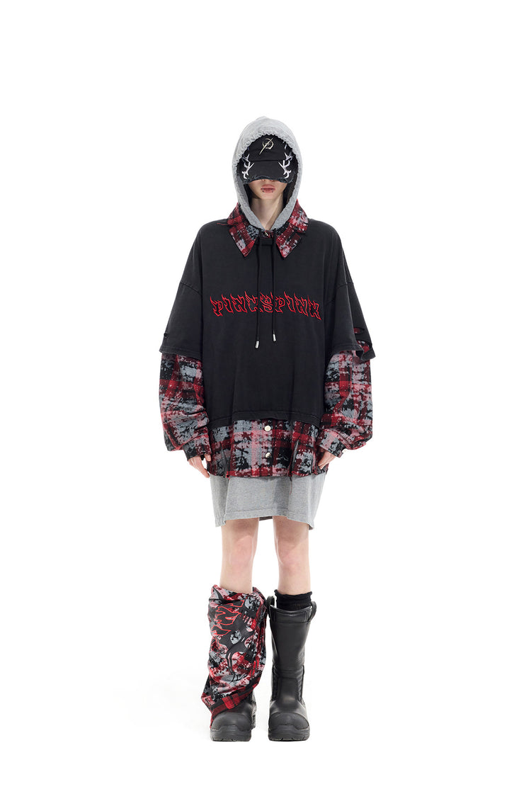 PINKSPINK REMAKE triple-layer plaid hoodie — black and red plaid hoodie — straight front view with hood up