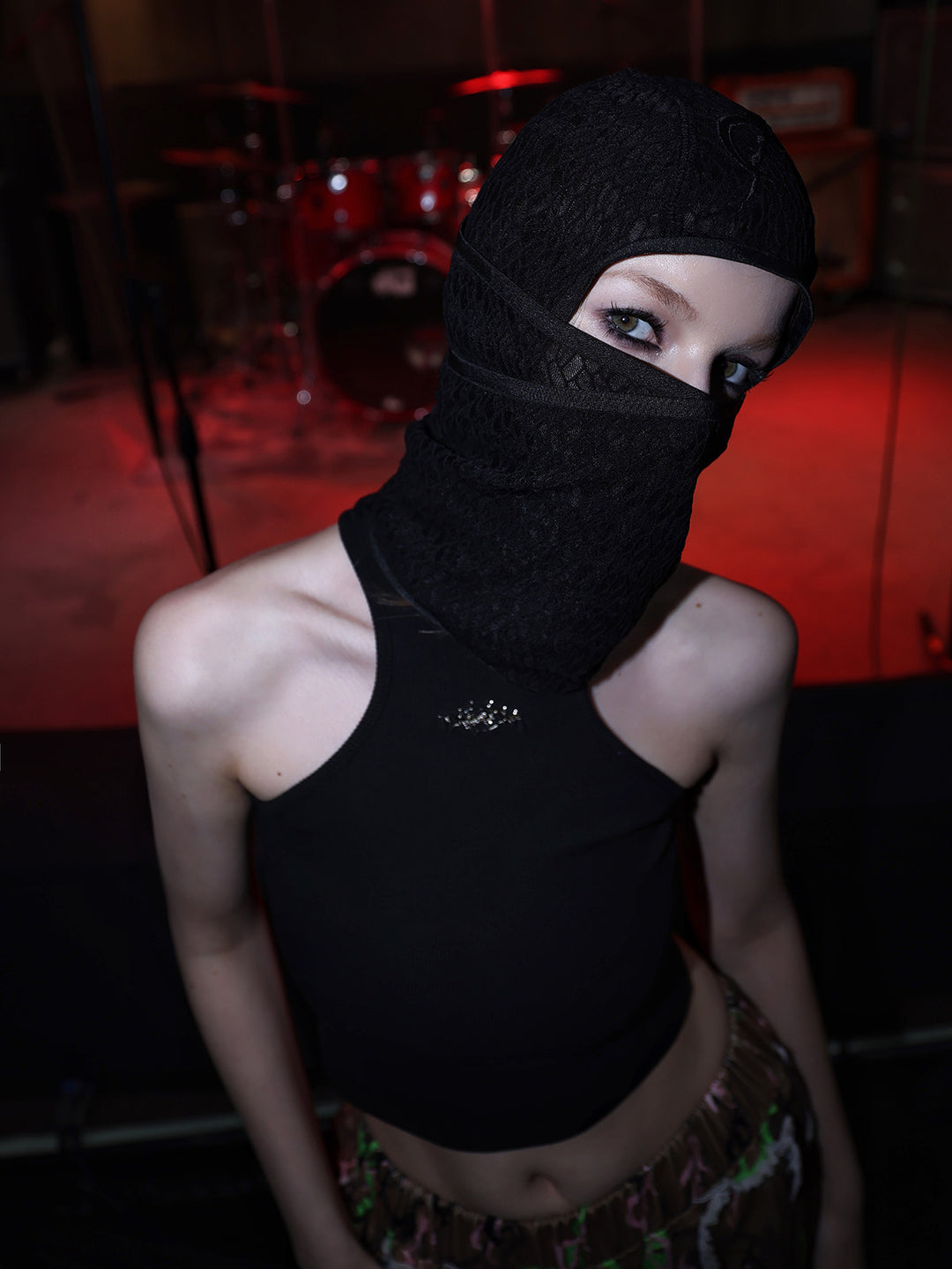 PINKSPINK ELECTRIC MOON mesh balaclava — full-length modeled styling view