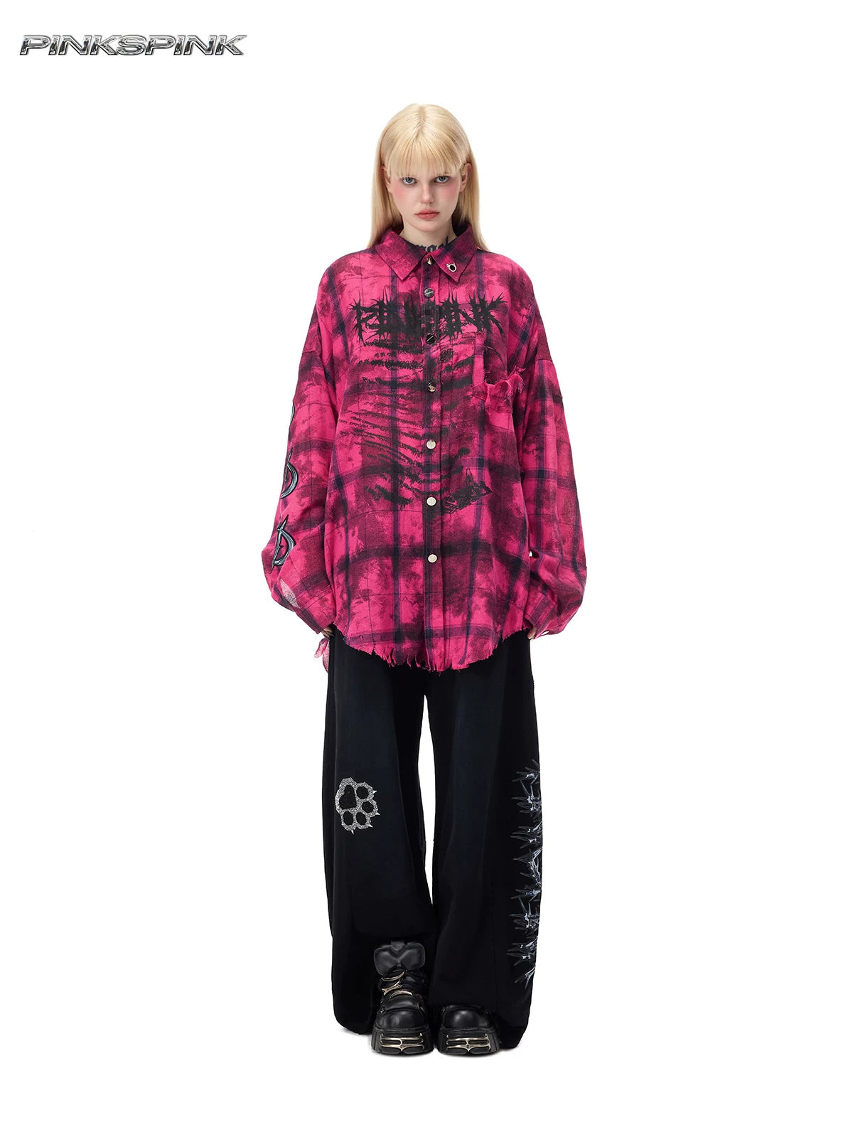 PINKSPINK ELECTRIC MOON distressed oversized plaid shirt in pink and black plaid — full-length front modeled view over wide-leg trousers