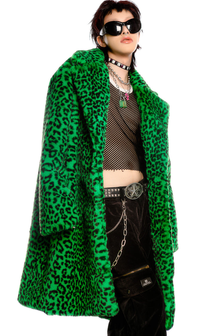 DEADENDKIDS LEOPARD RIOT long faux-fur coat & hat — material and print detail