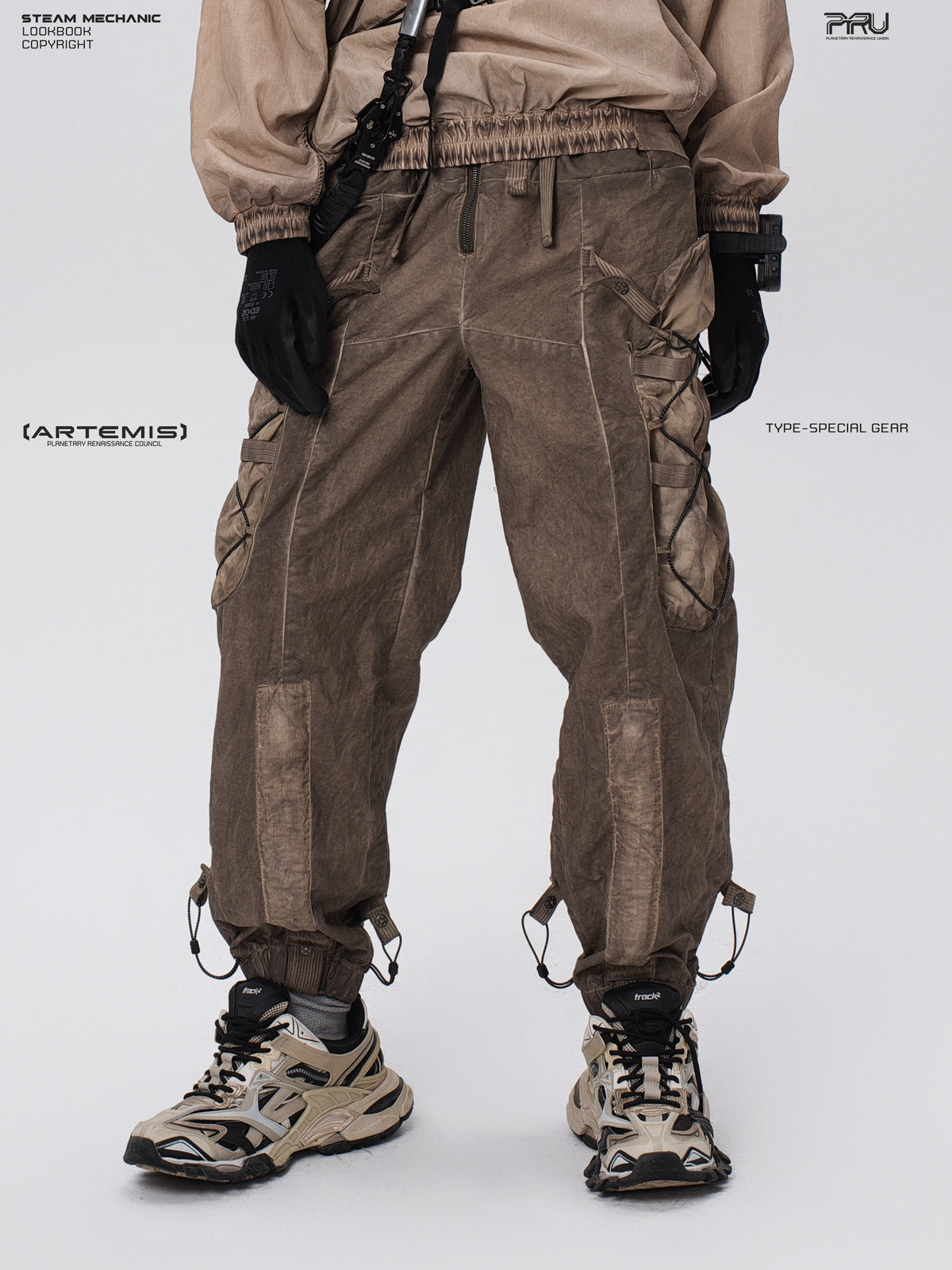 PIONEER gravel brown detachable-waist-bag work pants — side modeled view