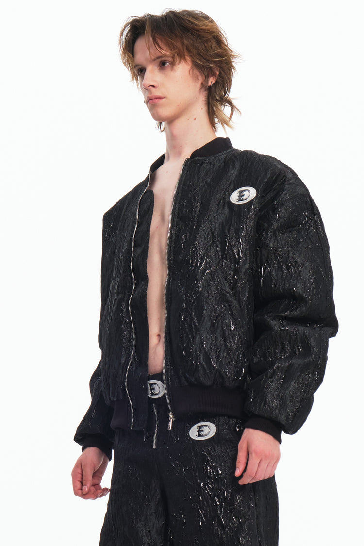 EMBRYO VENOM FLIGHT deconstructed padded jacket — rear modeled view