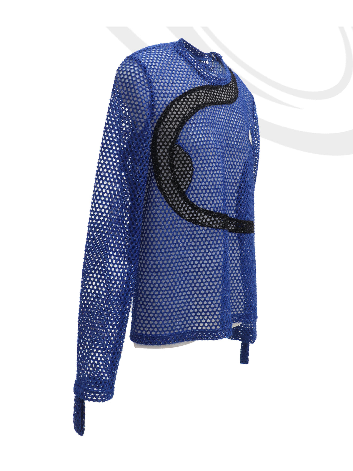 EMBRYO BLUE VOID cutout mesh finger-sleeve top — full-length modeled styling view