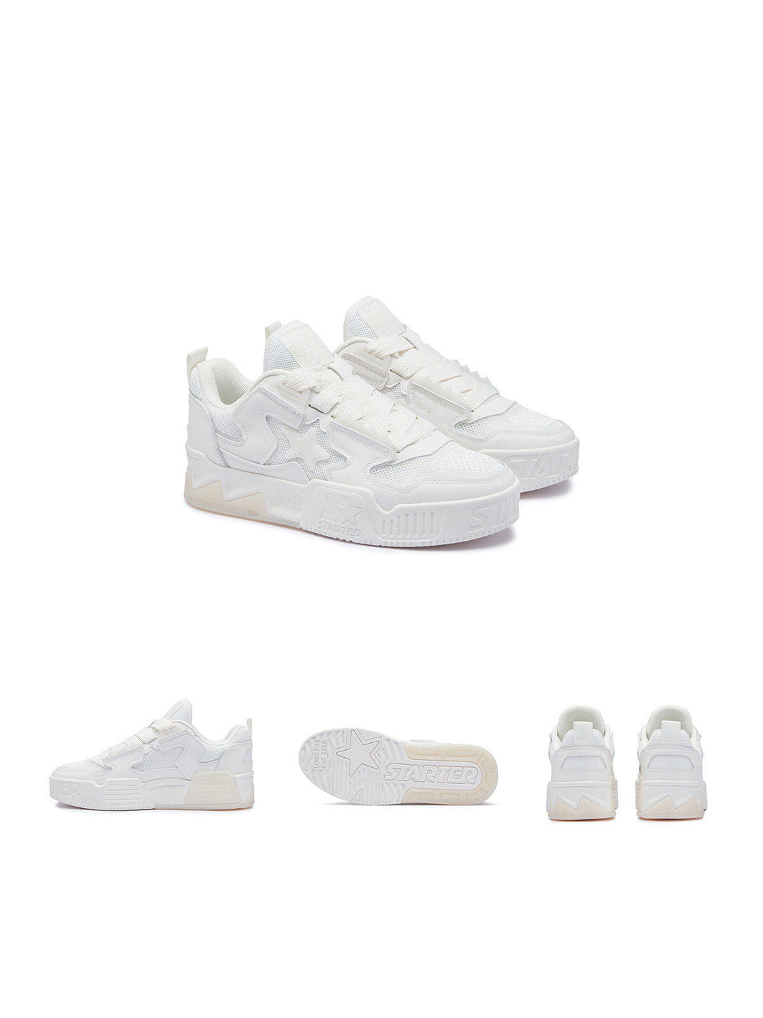 White STARTER VOL 90S sneakers, studio front, side, outsole and rear views