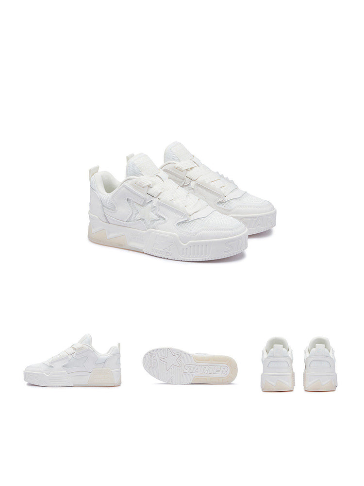 White STARTER VOL 90S sneakers, studio front, side, outsole and rear views