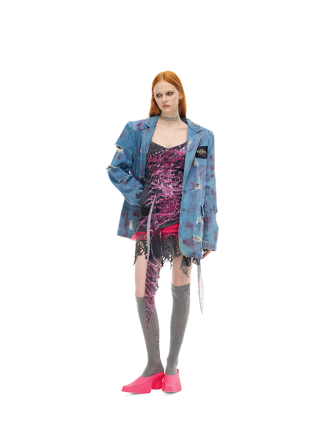 PINKSPINK NEON RIFT asymmetrical lace-trim mini dress — full-length styling with a denim jacket