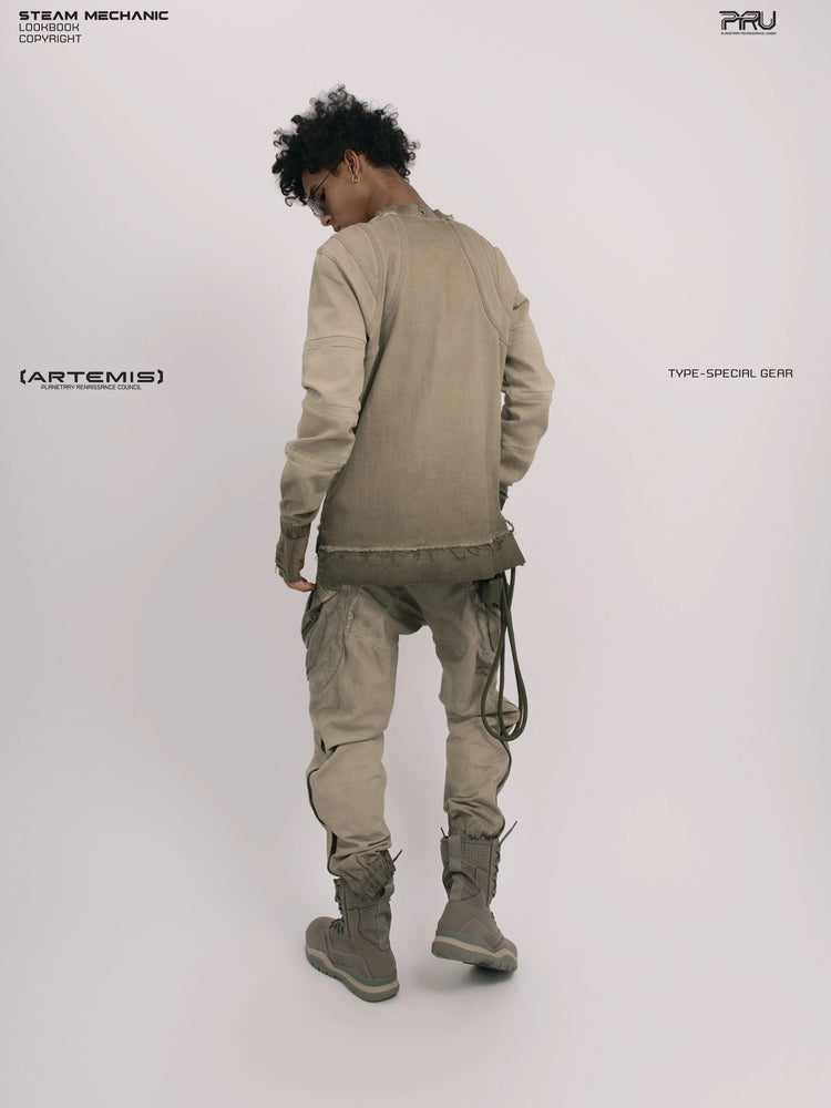 CHAOS ERA xirang brown raw-edge long-sleeve top — full-length back view looking down