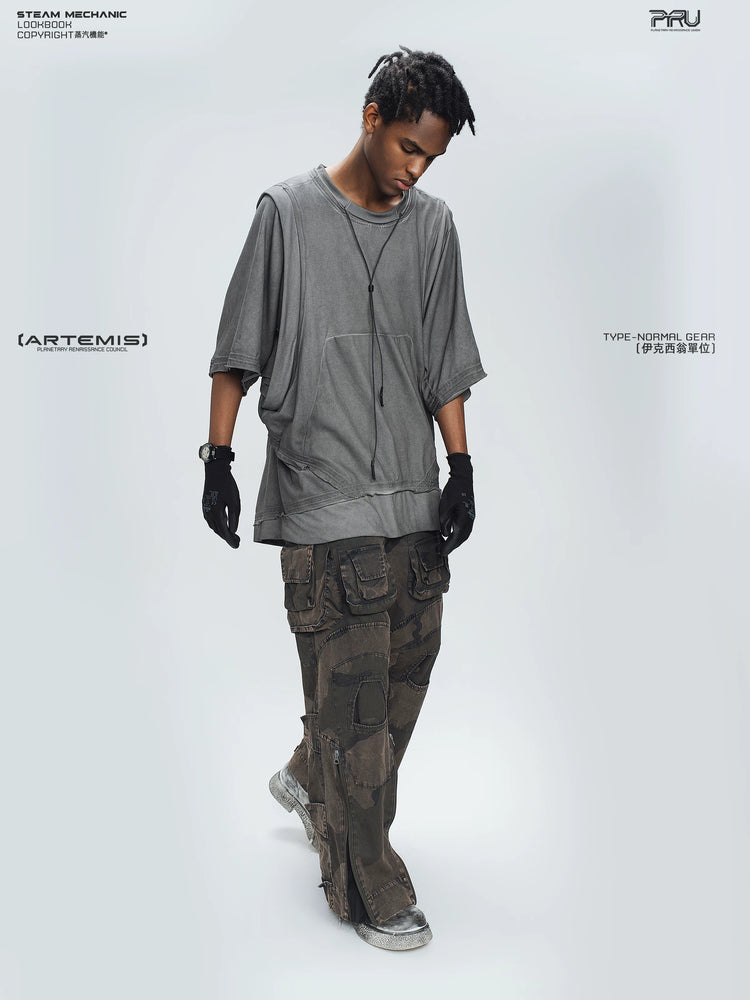 IXION dead leaf brown washed camouflage combat pants — construction detail