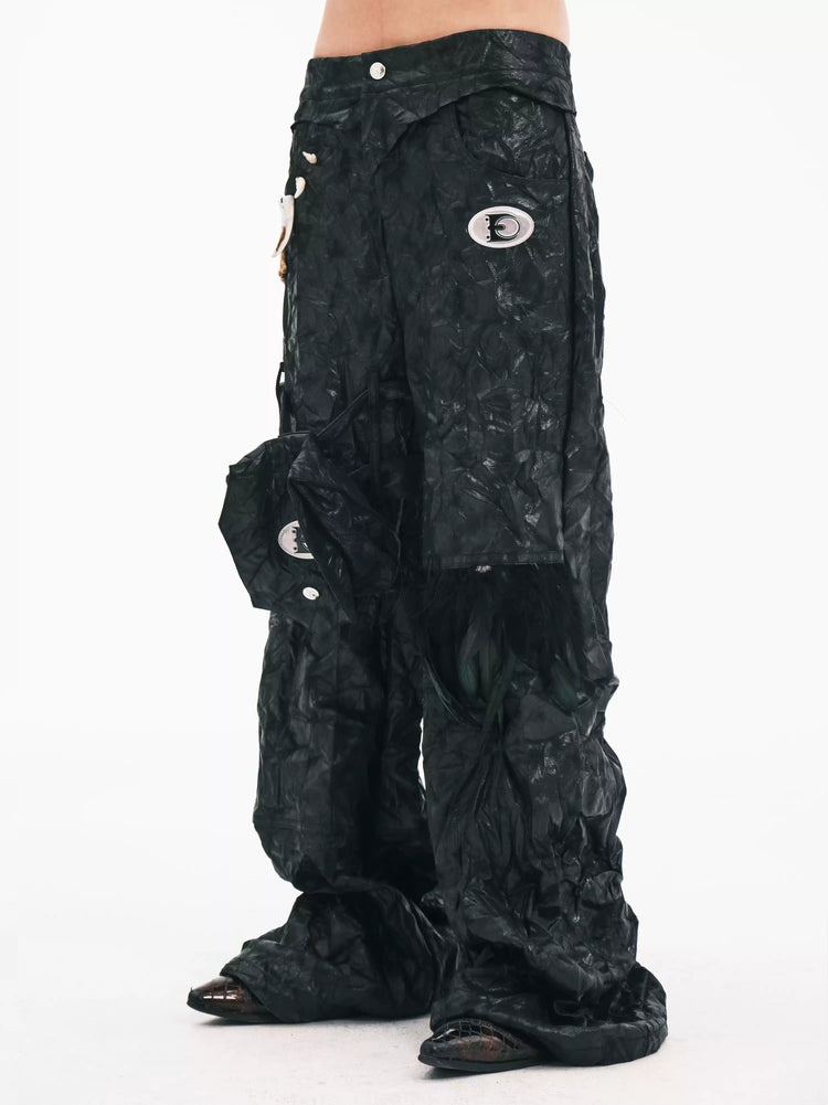 EMBRYO FEATHER LEG detachable-pouch flare pants — front modeled view