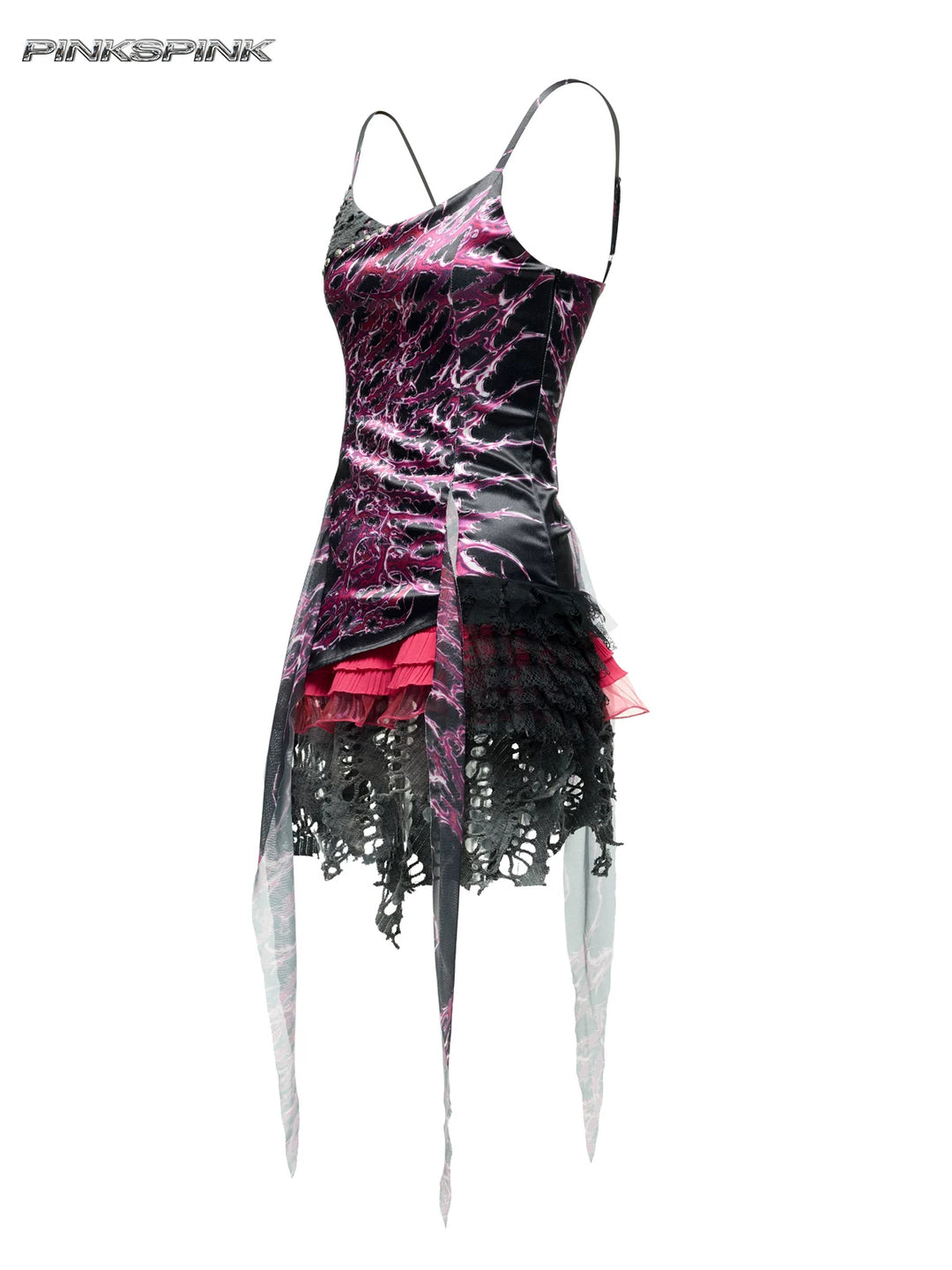 PINKSPINK NEON RIFT asymmetrical lace-trim mini dress — front garment-only view of asymmetric construction