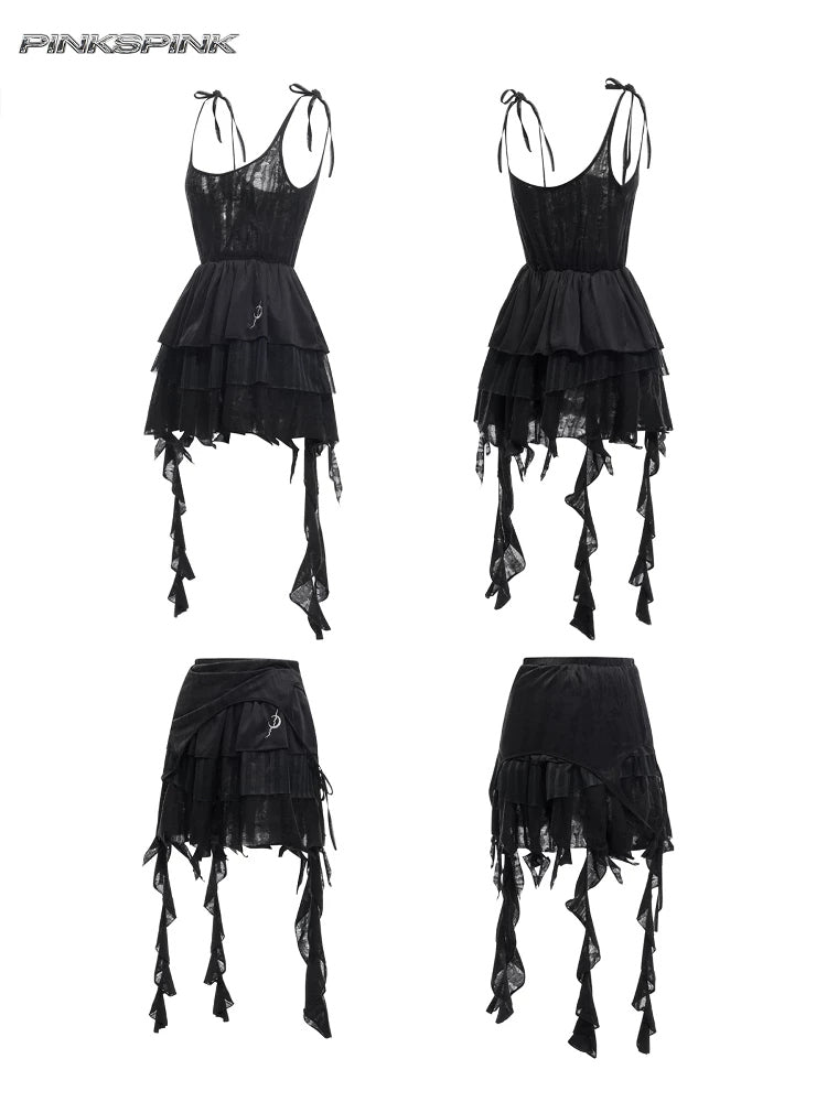 PINKSPINK ELECTRIC MOON two-way layered lace mini dress — black dress and skirt styling — front and back garment views