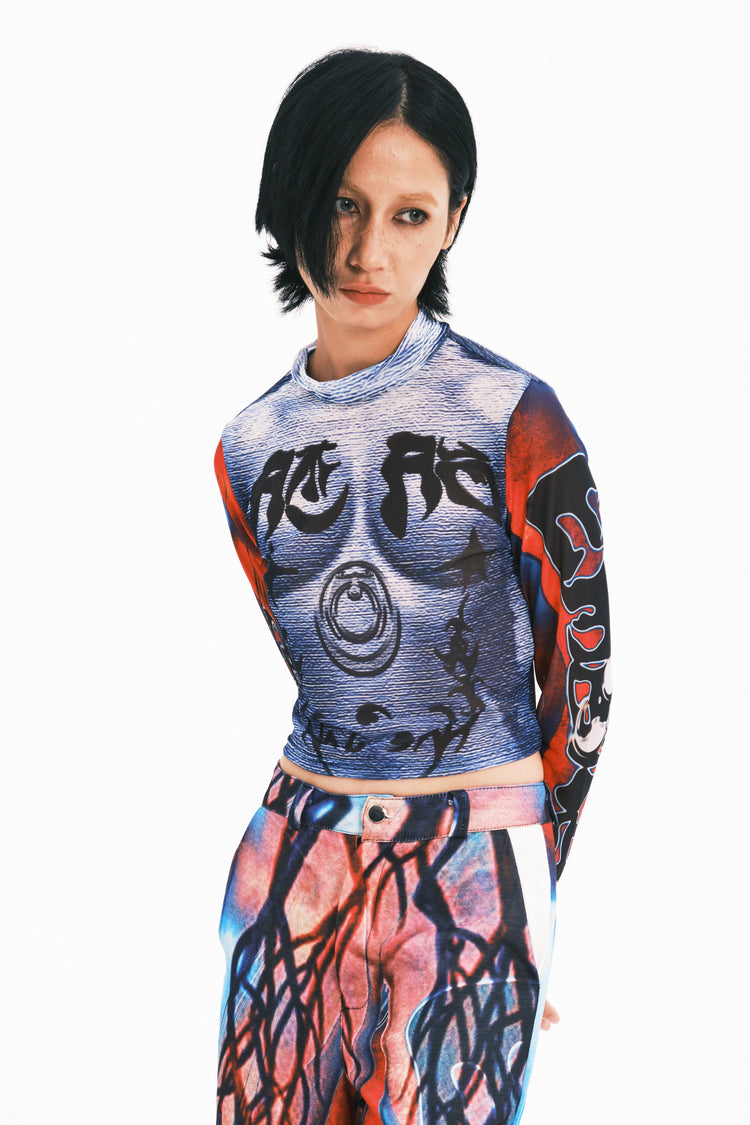 EMBRYO MYSTIC TOTEM fitted mesh crop top — close modeled styling view