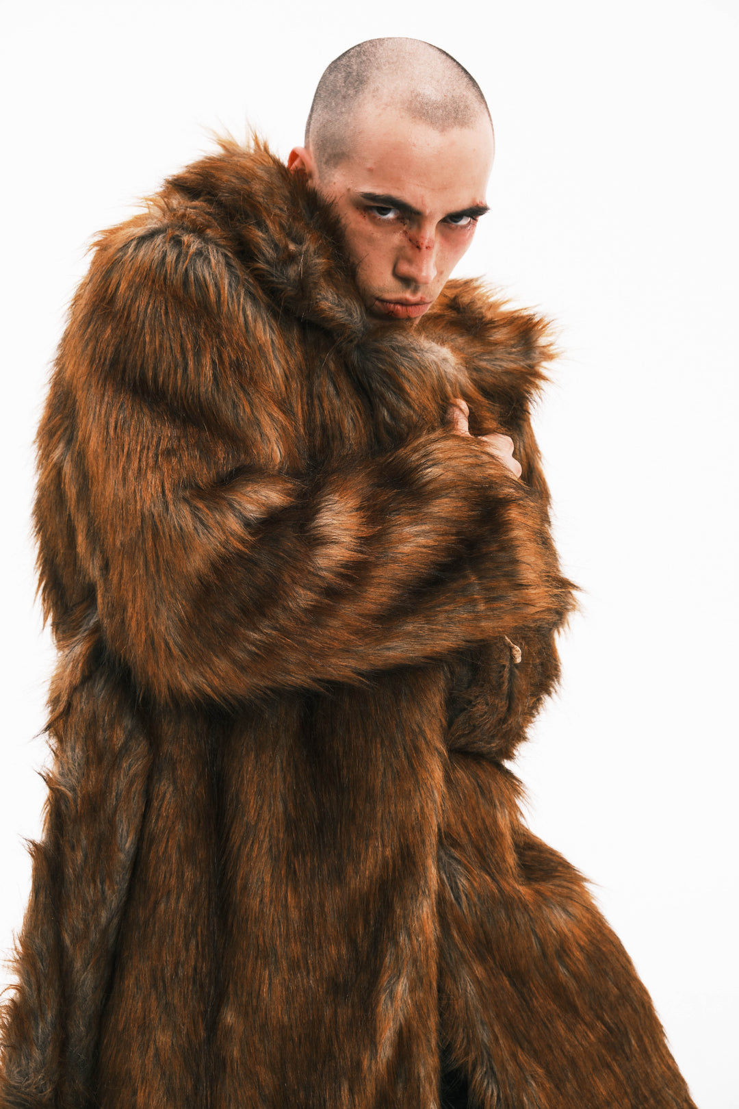 EMBRYO PRIMAL BONE extra-long faux-fur coat — alternate modeled angle