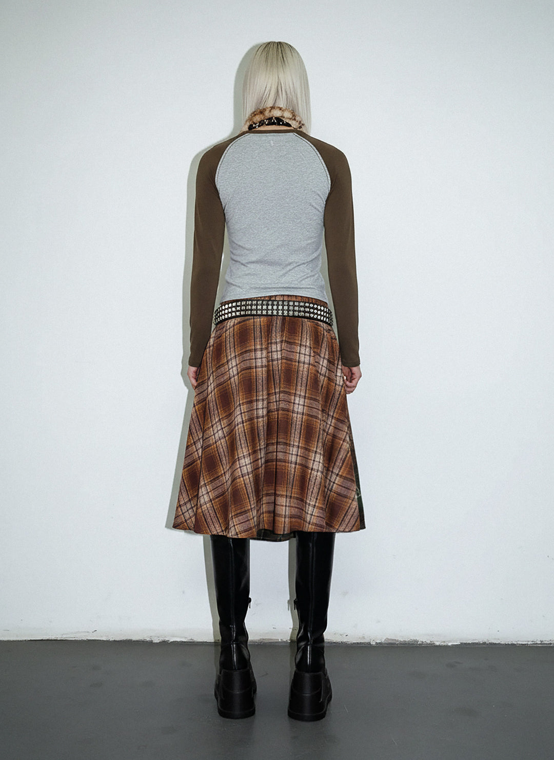 DeadEndKids BadGals Club double-sided plaid A-line skirt — green-brown full back view