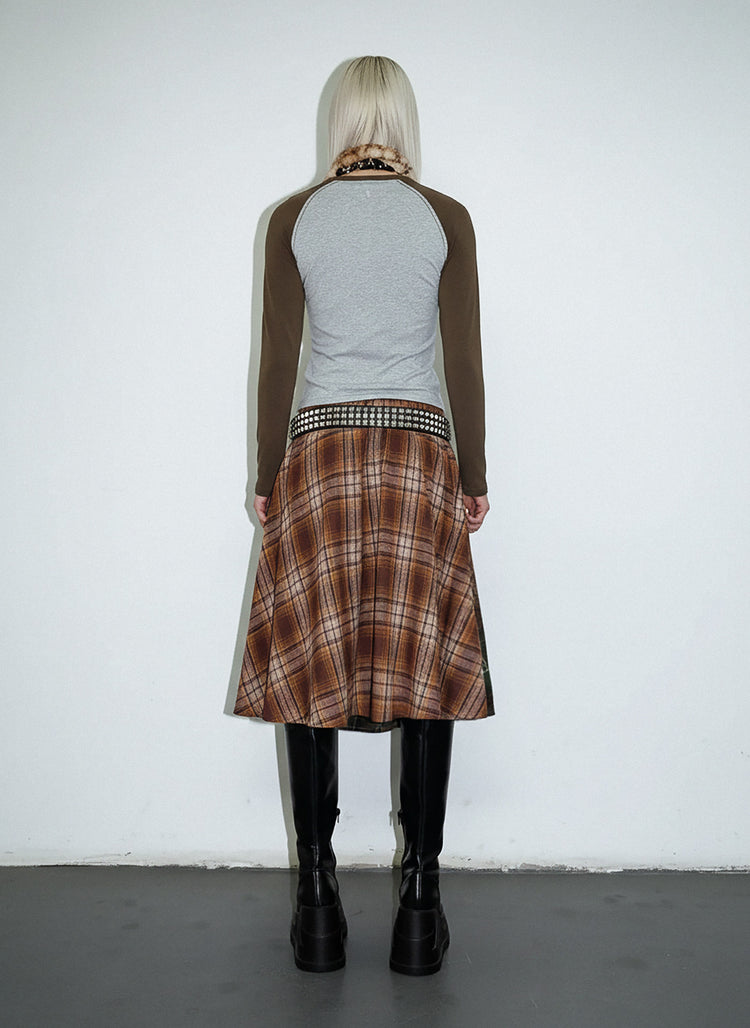 DeadEndKids BadGals Club double-sided plaid A-line skirt — green-brown full back view