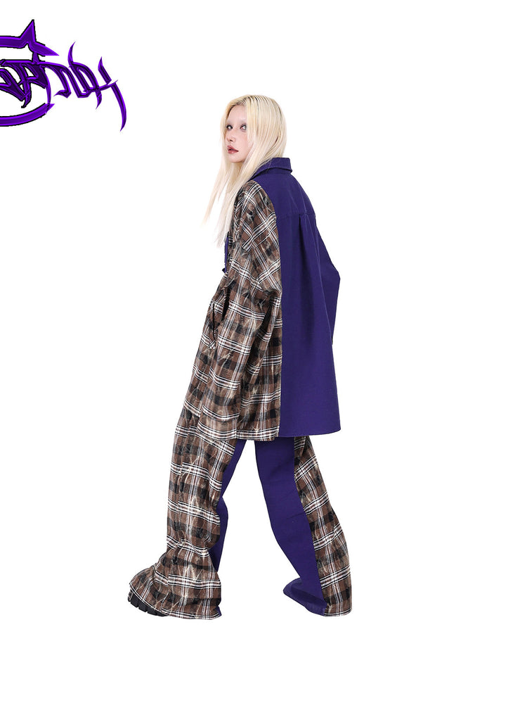 PINKSPINK DNA purple plaid split-panel wide-leg pants — opposite-side and back modeled view