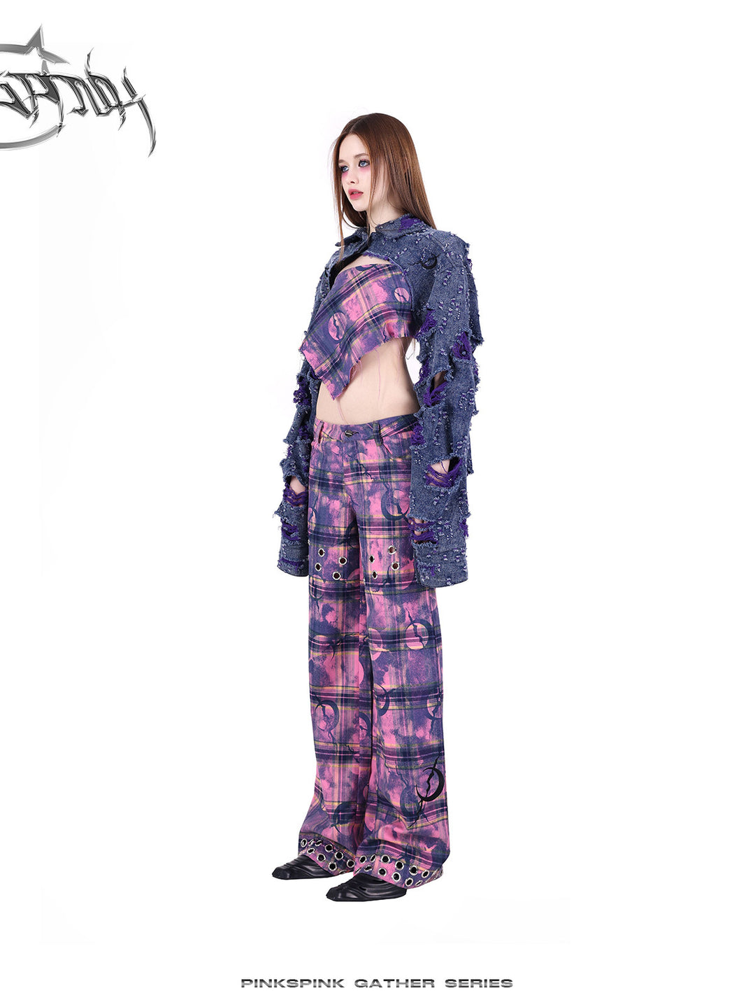 PINKSPINK BROKEN VIOLET distressed denim cropped jacket — full-length modeled styling view