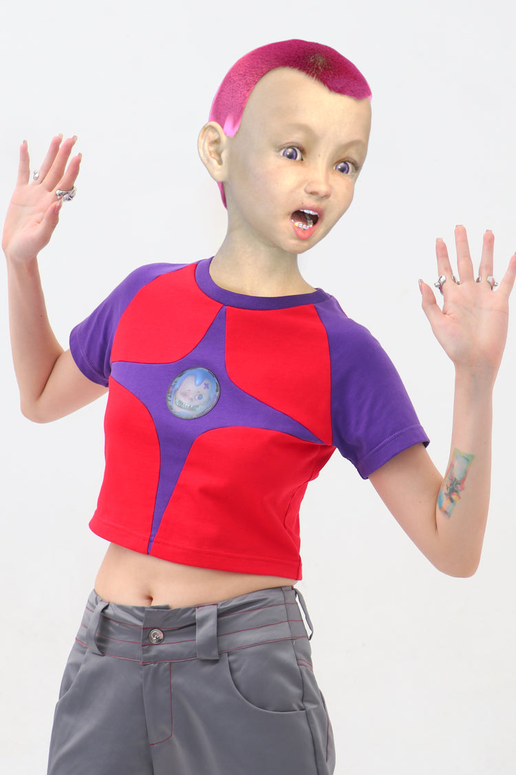 EMBRYO STARSHIFT cropped raglan tee — rear modeled view