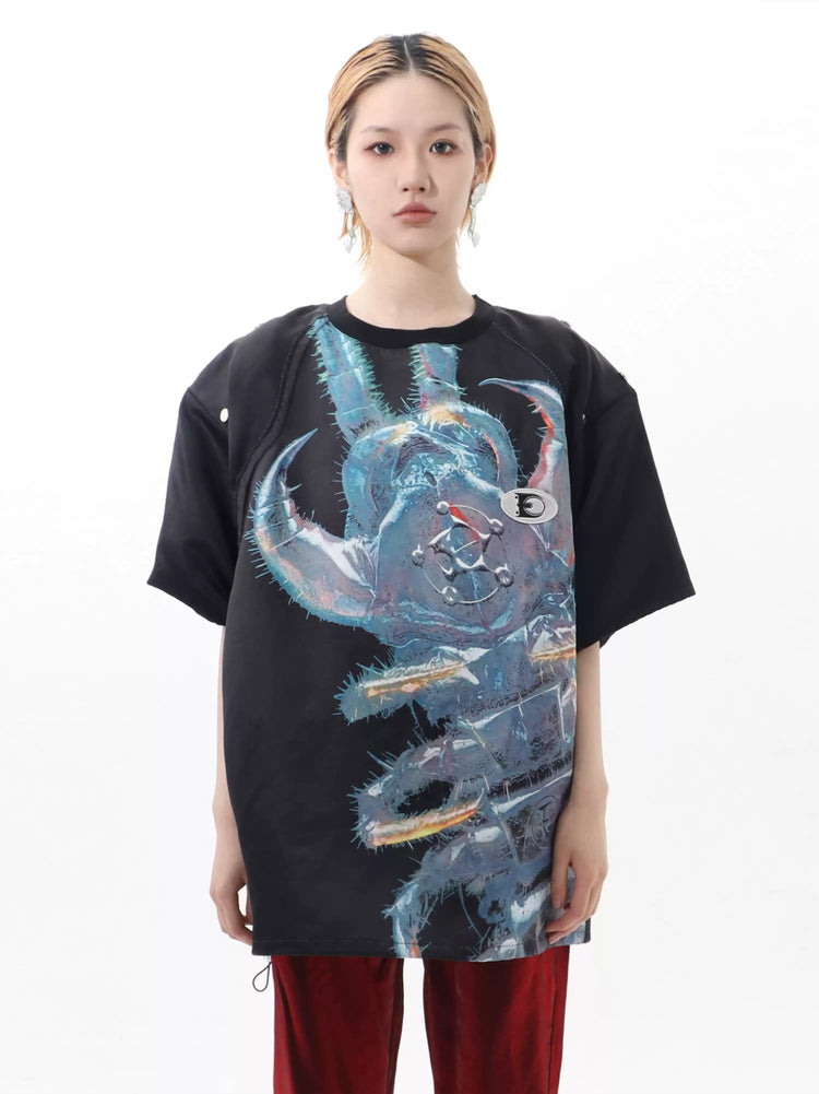 EMBRYO FIVE POISONS detachable-shoulder T-shirt — front modeled view
