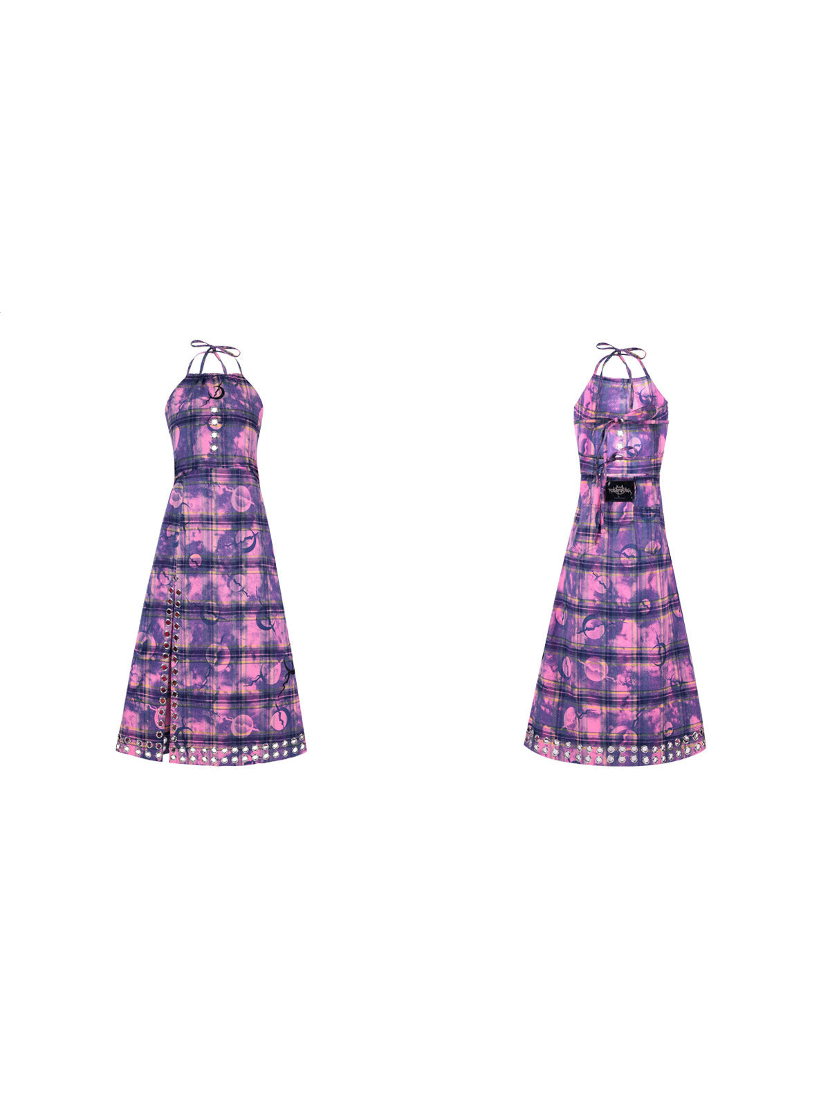 PINKSPINK WASTELAND eyelet plaid halter dress in pink purple — front and back garment-only views