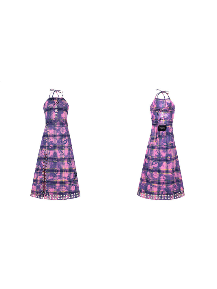 PINKSPINK WASTELAND eyelet plaid halter dress in pink purple — front and back garment-only views