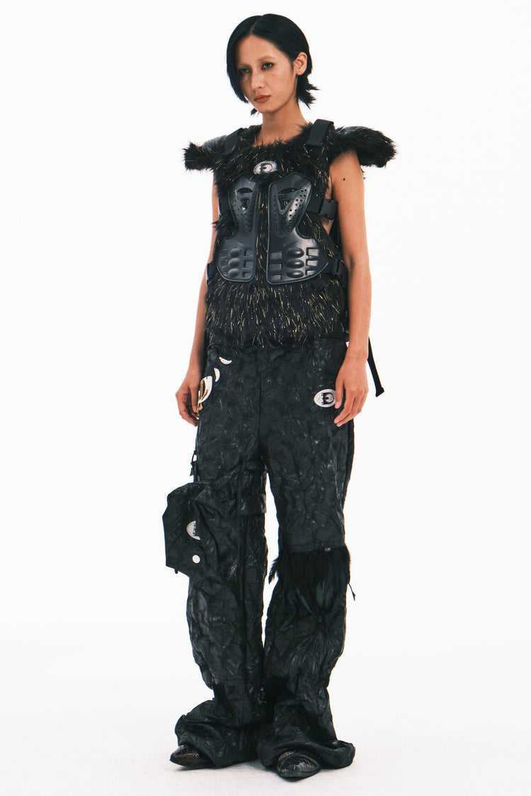 EMBRYO GOLD MECHA long-pile armored vest — garment-only construction view